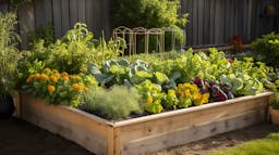 Outside, wooden garden bed with many plants